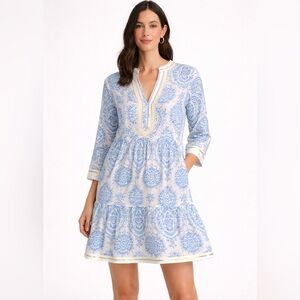 Saiph Lab Blue White Cotton Tiered Dress Made in Italy Size L